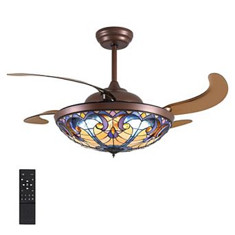 Moooni 52" Brown Tiffany Vintage Fandelier Retractable Dimmable Ceiling Fan with Remote App Control