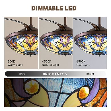 Moooni 52" Brown Tiffany Vintage Fandelier Retractable Dimmable Ceiling Fan with Remote App Control