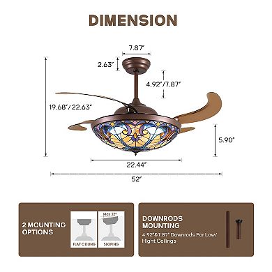 Moooni 52" Brown Tiffany Vintage Fandelier Retractable Dimmable Ceiling Fan with Remote App Control