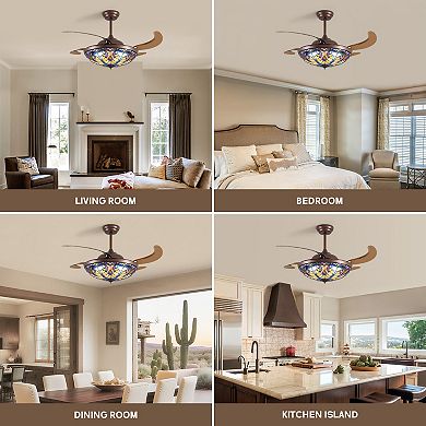 Moooni 52" Brown Tiffany Vintage Fandelier Retractable Dimmable Ceiling Fan with Remote App Control
