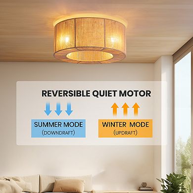 Moooni 18" Rattan Ceiling Fan with Lights&Remote Bohemian Flush Mount Fandelier for Nursery No Bulbs