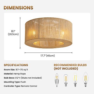 Moooni 18" Rattan Ceiling Fan with Lights&Remote Bohemian Flush Mount Fandelier for Nursery No Bulbs