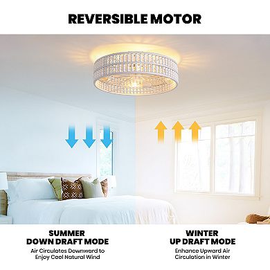 Moooni 20" Boho White Wood Beaded Caged 5 Blades Low Profile Ceiling Fan with Remote No Bulbs