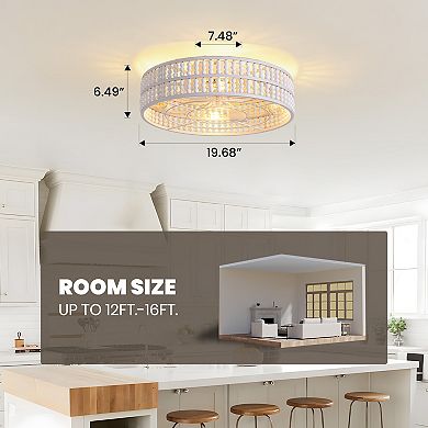 Moooni 20" Boho White Wood Beaded Caged 5 Blades Low Profile Ceiling Fan with Remote No Bulbs