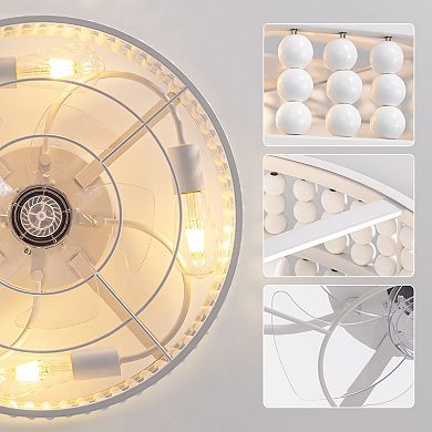 Moooni 20" Boho White Wood Beaded Caged 5 Blades Low Profile Ceiling Fan with Remote No Bulbs