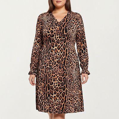 Women's Plus Size Leopard Print Long Sleeve V-Neck Knit Dress with  Flattering Straight Silhouette