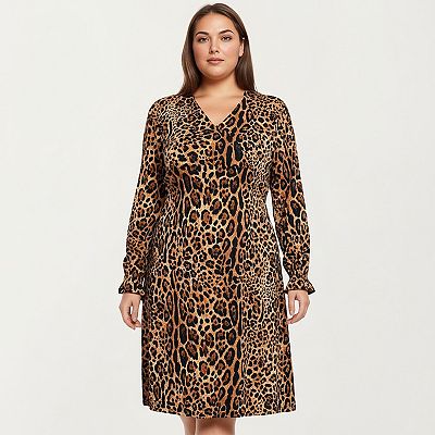 Women's Plus Size Leopard Print Long Sleeve V-Neck Knit Dress with  Flattering Straight Silhouette