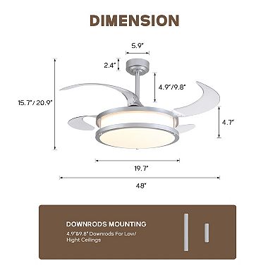 Moooni 48" Indoor Downrod Mount Modern Silver Retractable Fandelier Dimmable Ceiling Fan with Remote