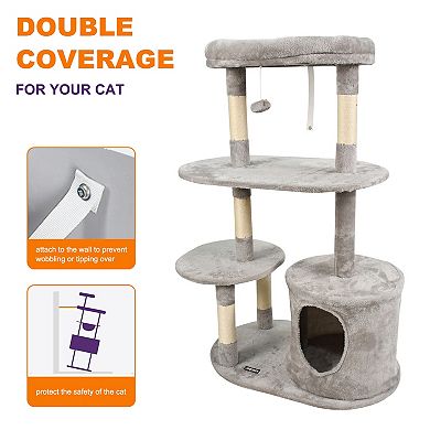 GOOPAWS 3-Tier 48-in Faux Fur Top Perch Cat Tree & Condo, Light Grey