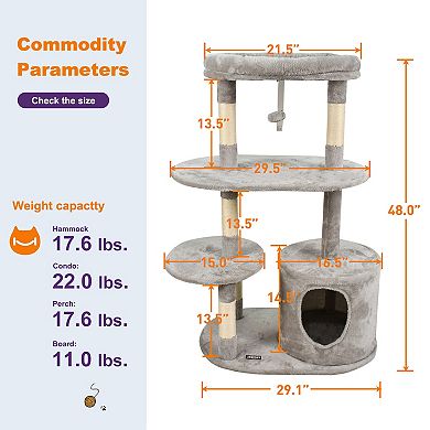 GOOPAWS 3-Tier 48-in Faux Fur Top Perch Cat Tree & Condo, Light Grey