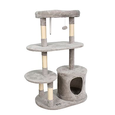 GOOPAWS 3-Tier 48-in Faux Fur Top Perch Cat Tree & Condo, Light Grey