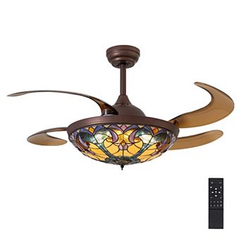 Moooni 48" Indoor Tiffany Stained Glass Retractable Ceiling Fan Vintage Fandelier with Remote/APP