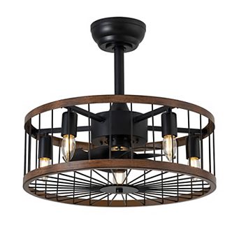 Moooni 20" Industrial Ceiling Fan with Woodgrain & Matte Black Finish, 5-Light