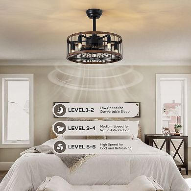 Moooni 20" Industrial Ceiling Fan with Woodgrain & Matte Black Finish, 5-Light