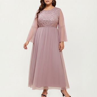 Women's Plus Size Long Sleeve Embroidered Mesh Midi Dress with Flowy Skirt and Defined Waist
