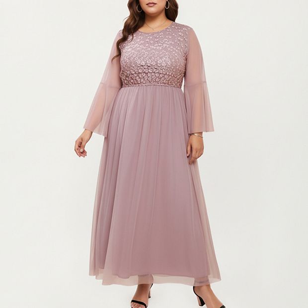 Anna-Kaci Women's Plus Size Long Sleeve Embroidered Mesh Midi Dress with Flowy Skirt and Defined Waist - Mauve Pink