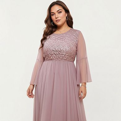 Women's Plus Size Long Sleeve Embroidered Mesh Midi Dress with Flowy Skirt and Defined Waist