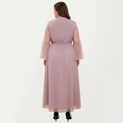 Anna-Kaci Women's Plus Size Long Sleeve Embroidered Mesh Midi Dress with Flowy Skirt and Defined Waist - Mauve Pink