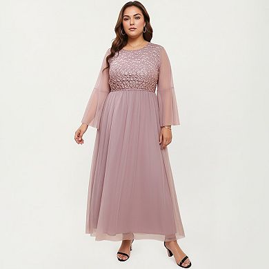 Women's Plus Size Long Sleeve Embroidered Mesh Midi Dress with Flowy Skirt and Defined Waist