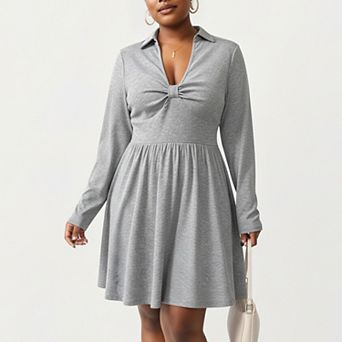 Women's Plus Size Long Sleeve Knit Dress with Collared Neckline Twist Front Detail and Flowy Skirt