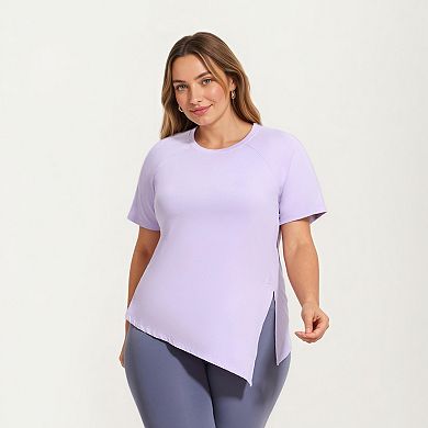 Women's Plus Size Short Sleeve Asymmetrical Hem Top with Side Ruched Detail Soft Stretch Fabric
