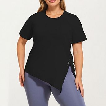 Women's Plus Size Short Sleeve Asymmetrical Hem Top with Side Ruched Detail Soft Stretch Fabric