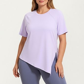 Women's Plus Size Short Sleeve Asymmetrical Hem Top with Side Ruched Detail Soft Stretch Fabric