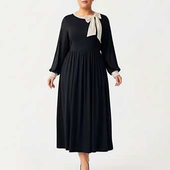 Women's Plus Size Long Sleeve Midi Dress with Bow Neck Detail, Gathered Waist, and Flowy Skirt