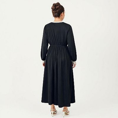 Anna-Kaci Women's Plus Size Long Sleeve Midi Dress with Bow Neck Detail, Gathered Waist, and Flowy Skirt, Black / Plus-3X-18W-20W
