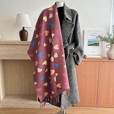 Women’s Heart Pattern Knit Scarf with Delicate Fringe Edges and Lightweight Cozy Texture Designed