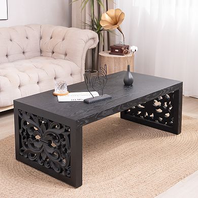 GOODSILO Rustic Carved Wood Coffee Table with Ornate Side Panels and Natural Finish