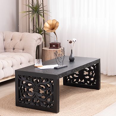 GOODSILO Rustic Carved Wood Coffee Table with Ornate Side Panels and Natural Finish