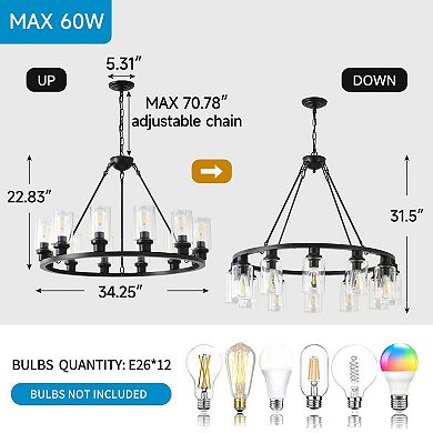 ELEMENT ACE Modern Farmhouse Wagon Wheel Glass Pendant Light Fixture - Adjustable Chains