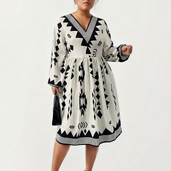 Women's Plus Size Long Sleeve V Neck Dress with Geometric Print Border Details and Flowy Skirt