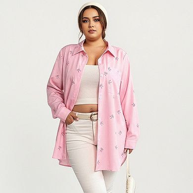 Women's Plus Size Bow Print Long Sleeve Button Down Shirt with Relaxed Fit and Soft Fabric