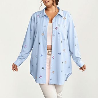 Women's Plus Size Bow Print Long Sleeve Button Down Shirt with Relaxed Fit and Soft Fabric