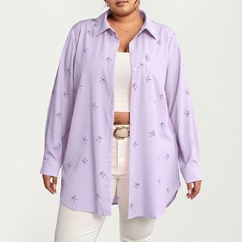 Women's Plus Size Bow Print Long Sleeve Button Down Shirt with Relaxed Fit and Soft Fabric