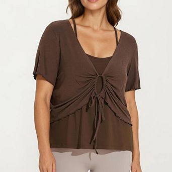 Women's Plus Size Short Sleeve Ruched Front Top with Adjustable Drawstring Soft Layered Fabric