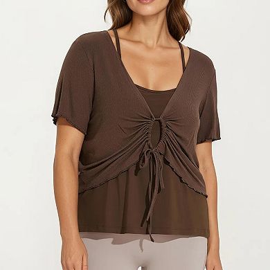 Women's Plus Size Short Sleeve Ruched Front Top with Adjustable Drawstring Soft Layered Fabric
