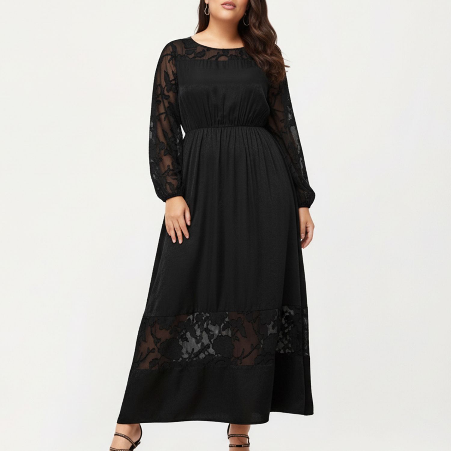 Женские платья Plus Size Long Sleeve Maxi Dress with Sheer Lace Sleeves Elastic Waist and Lace Hem Panel