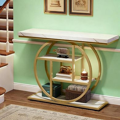 GOODSILO Industrial Chic Console Table with Circular Metal Frame and Four Tier Shelves
