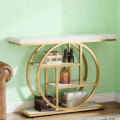 GOODSILO Industrial Chic Console Table with Circular Metal Frame and Four Tier Shelves