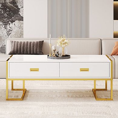 GOODSILO Modern Rectangular Coffee Table with Storage Drawers and Premium Metal Base
