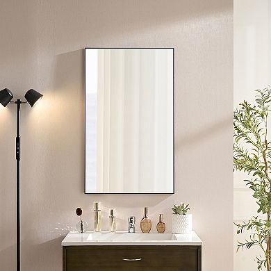 ELEMENT ACE 60x22 Inch Glossy Black Rectangular Bathroom Wall Mirror with Modern Metal Frame