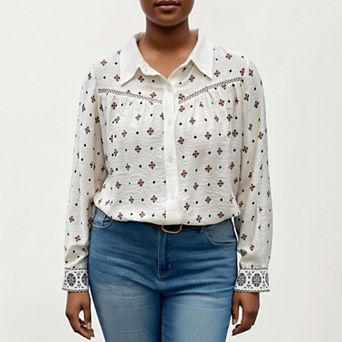 Women's Plus Size Geometric Print Long Sleeve Button Down Shirt with Lace Trim and Relaxed Fit