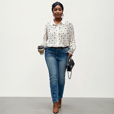 Women's Plus Size Geometric Print Long Sleeve Button Down Shirt with Lace Trim and Relaxed Fit