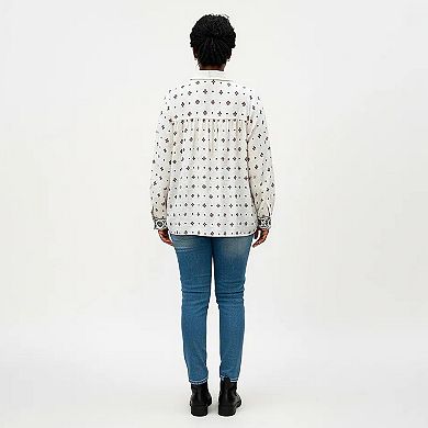 Women's Plus Size Geometric Print Long Sleeve Button Down Shirt with Lace Trim and Relaxed Fit