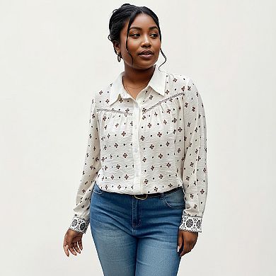 Women's Plus Size Geometric Print Long Sleeve Button Down Shirt with Lace Trim and Relaxed Fit
