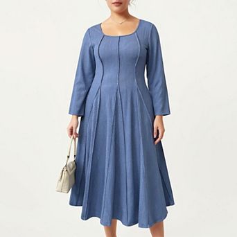 Women's Plus Size Long Sleeve Midi Dress with Fitted Bodice, Flared Skirt, and Square Neckline