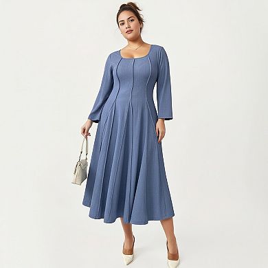 Women's Plus Size Long Sleeve Midi Dress with Fitted Bodice, Flared Skirt, and Square Neckline
